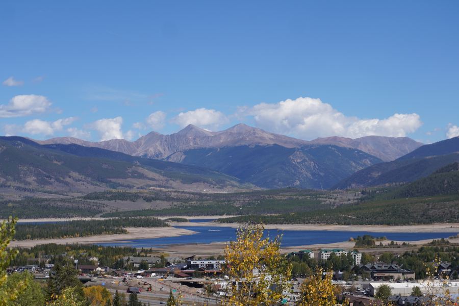 Dillon Reservoir and mountains seen from above Frisco